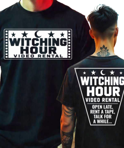 Short Sleeved Black T-Shirt Witching Hour Video Rental Design 1 Front & Back Print