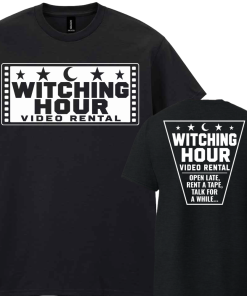 Alternative view of Short Sleeved Black T-Shirt Witching Hour Video Rental Design 1 Front & Back Print