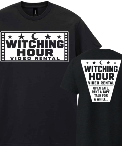 Alternative view of Short Sleeved Black T-Shirt Witching Hour Video Rental Design 2 Front & Back Print
